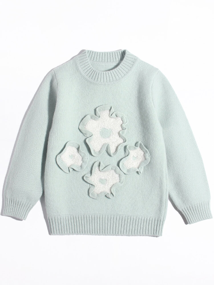 Soft Mint Green Cashmere Sweater with 3D Fleece Flowers